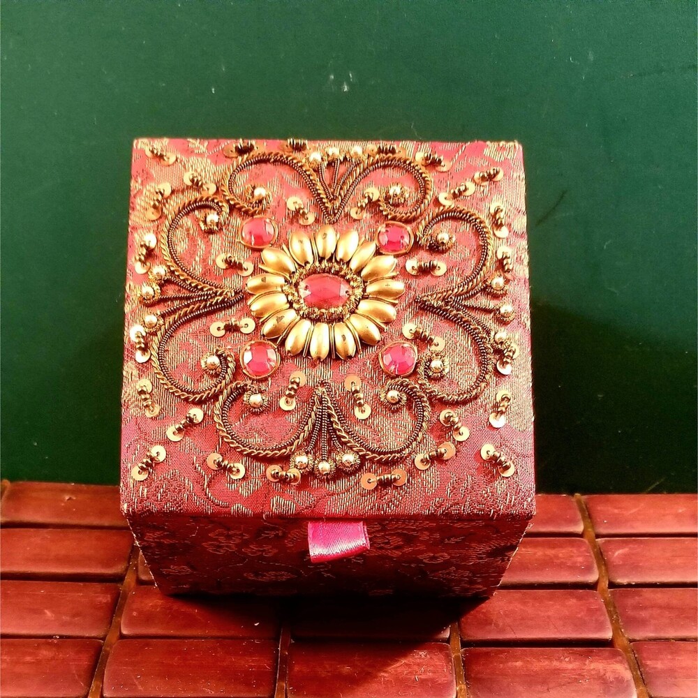 Jeweled & Embellished Red Silk Brocade Jewelry Trinket Box 4"X4"X2.75"